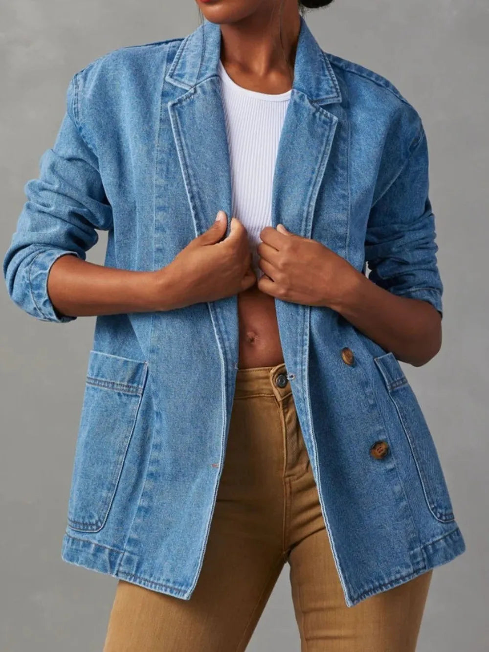 Pocketed Lapel Collar Long Sleeve Denim Jacket 