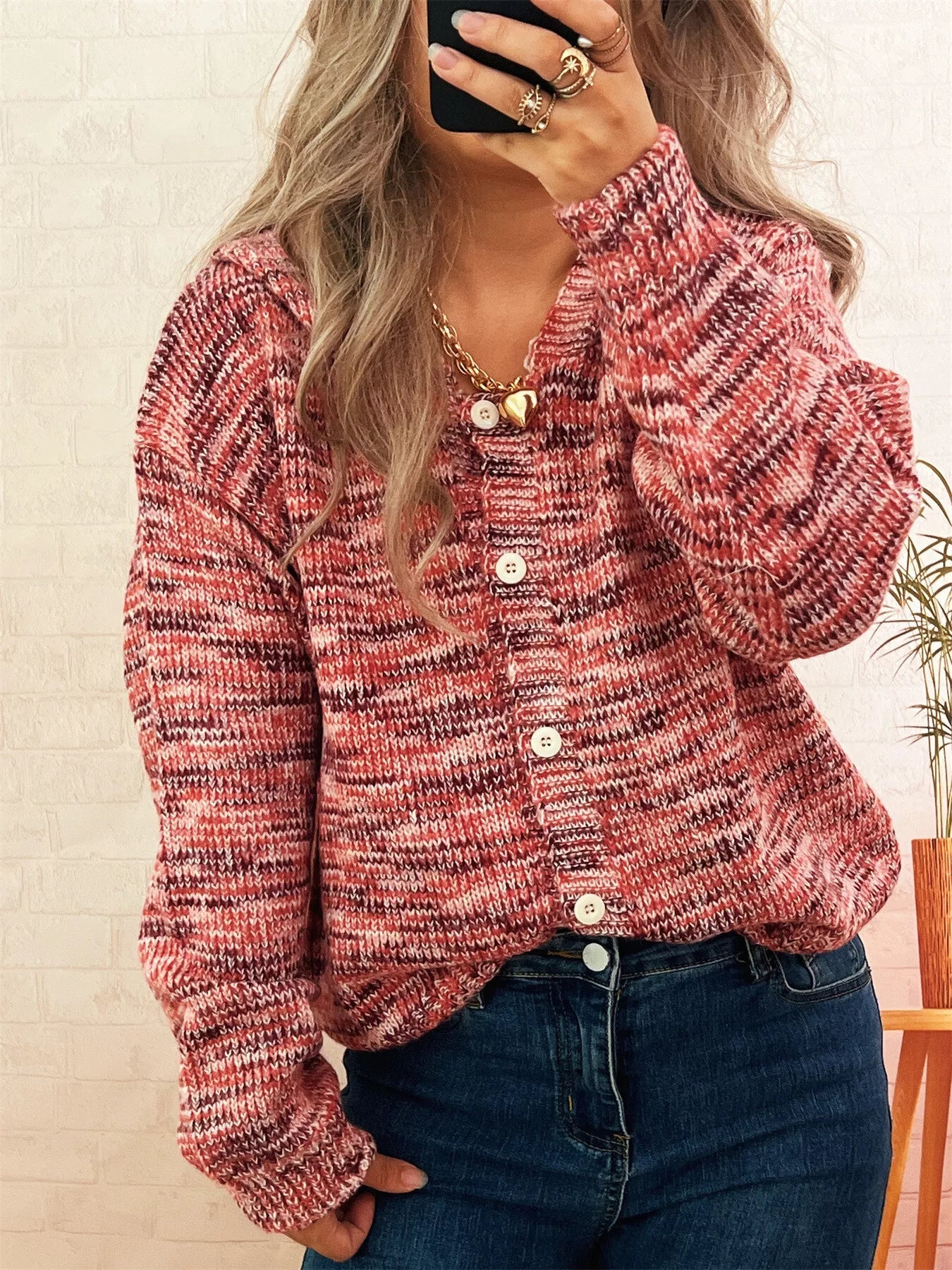 Multi-Colored Knit Button-Down Cardigan 