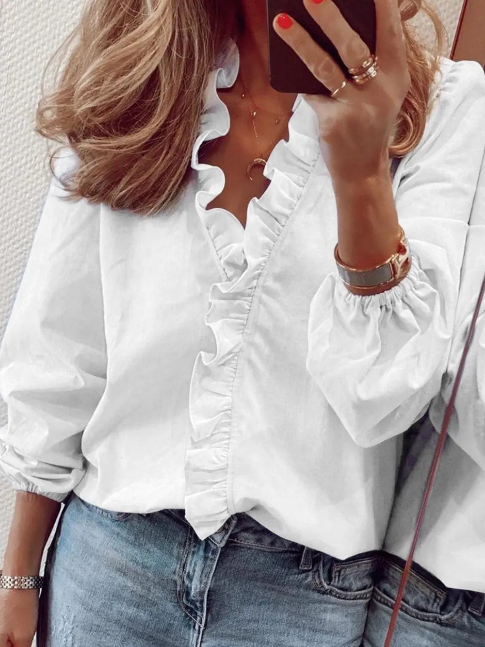Ruffled V-Neck Long Sleeve Blouse 