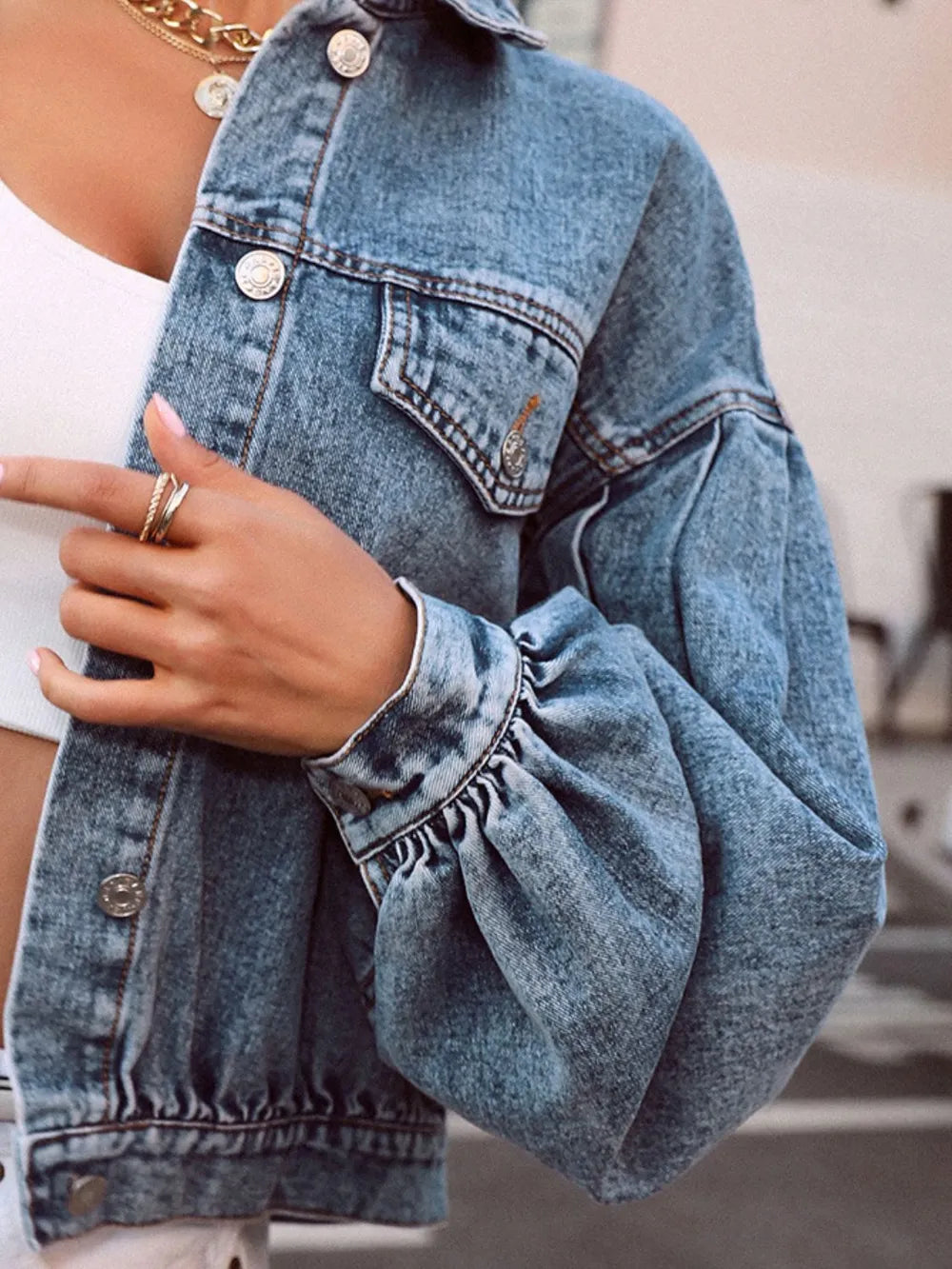 Collared Neck Dropped Shoulder Denim Top 