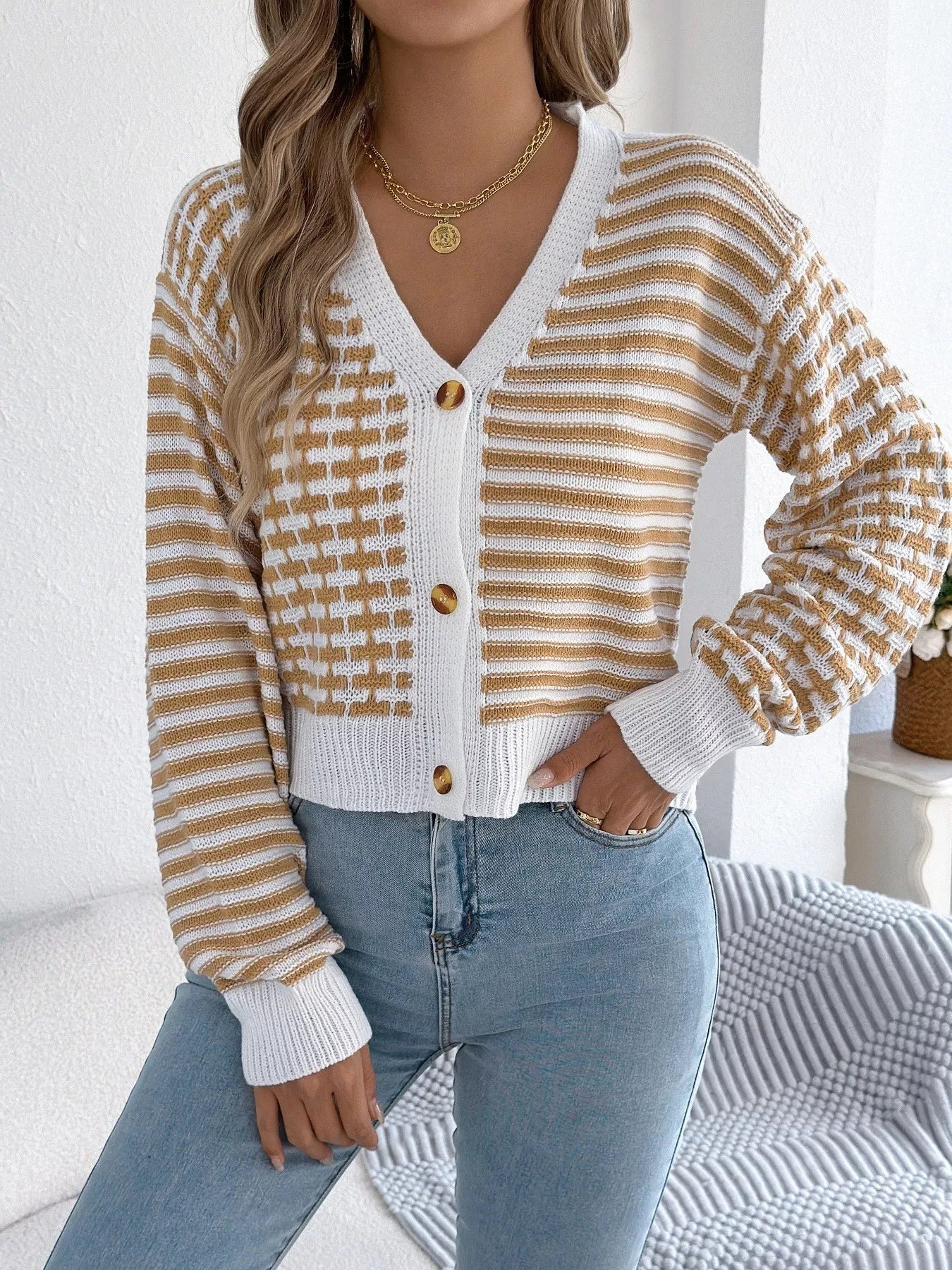Striped Button-Up Cropped Cardigan 