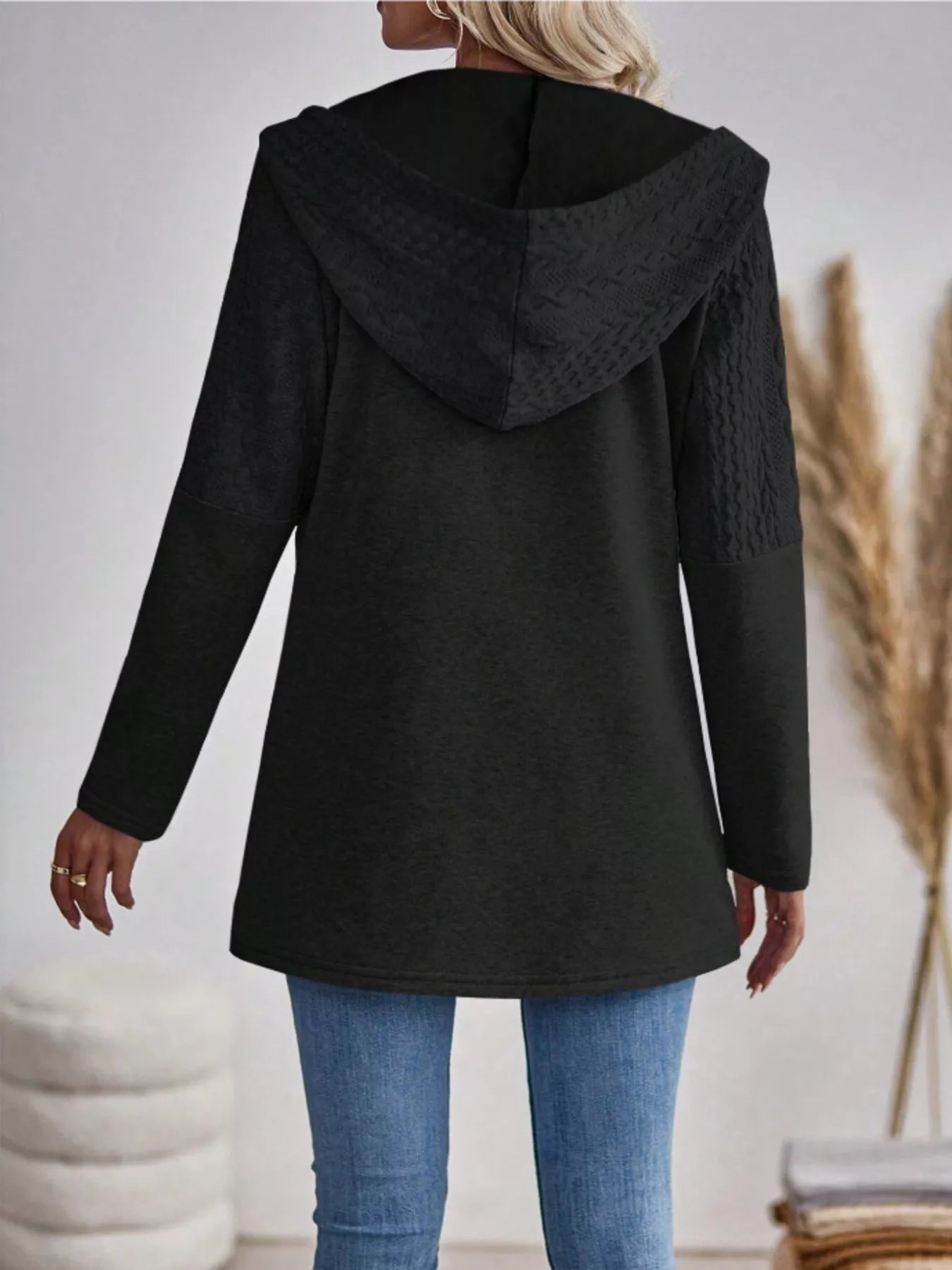 Drawstring Textured Zip Up Drawstring Hooded Jacket 