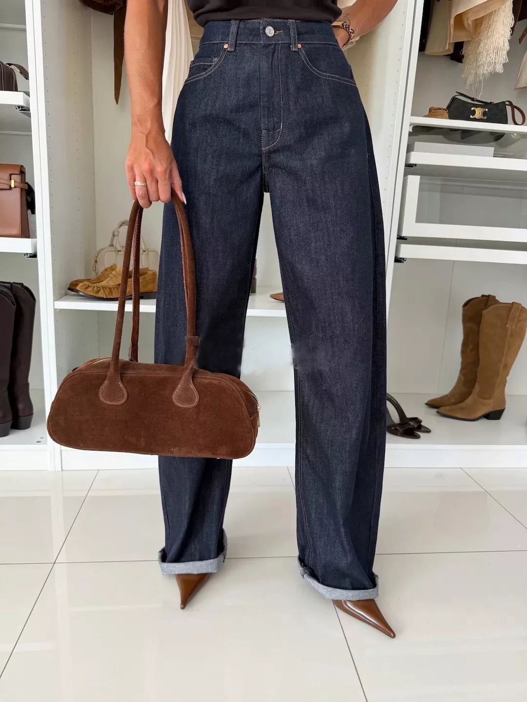 High-Waisted Wide-Leg Washed Jeans 