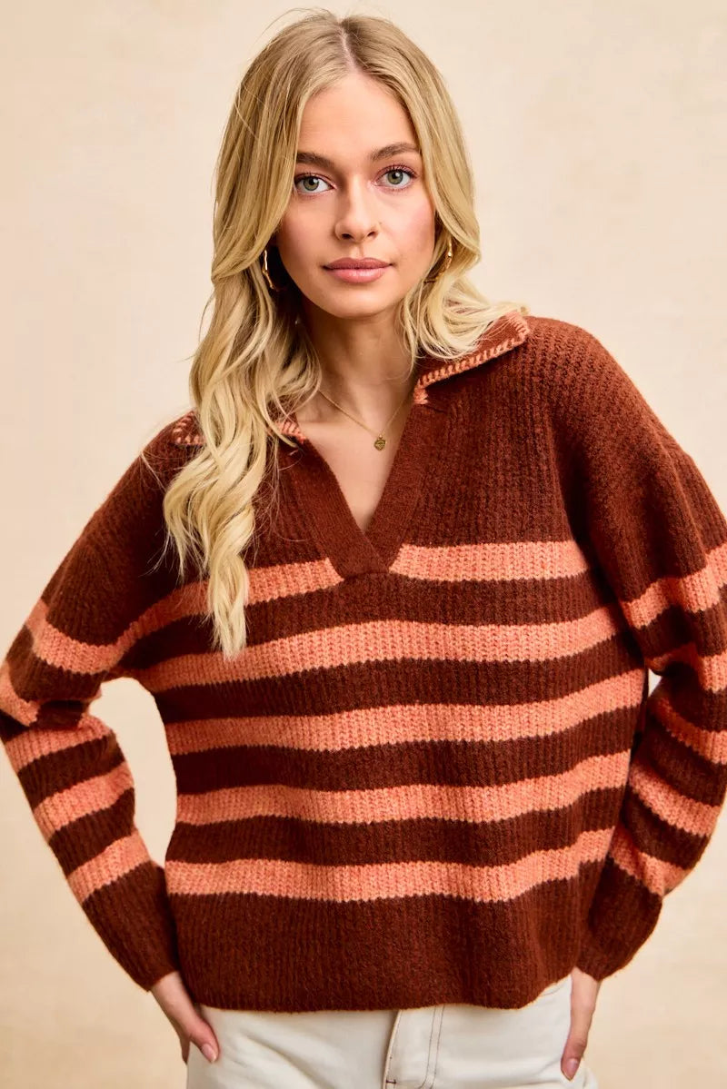 BiBi Striped Sweater Top with Collar Stitched Details 