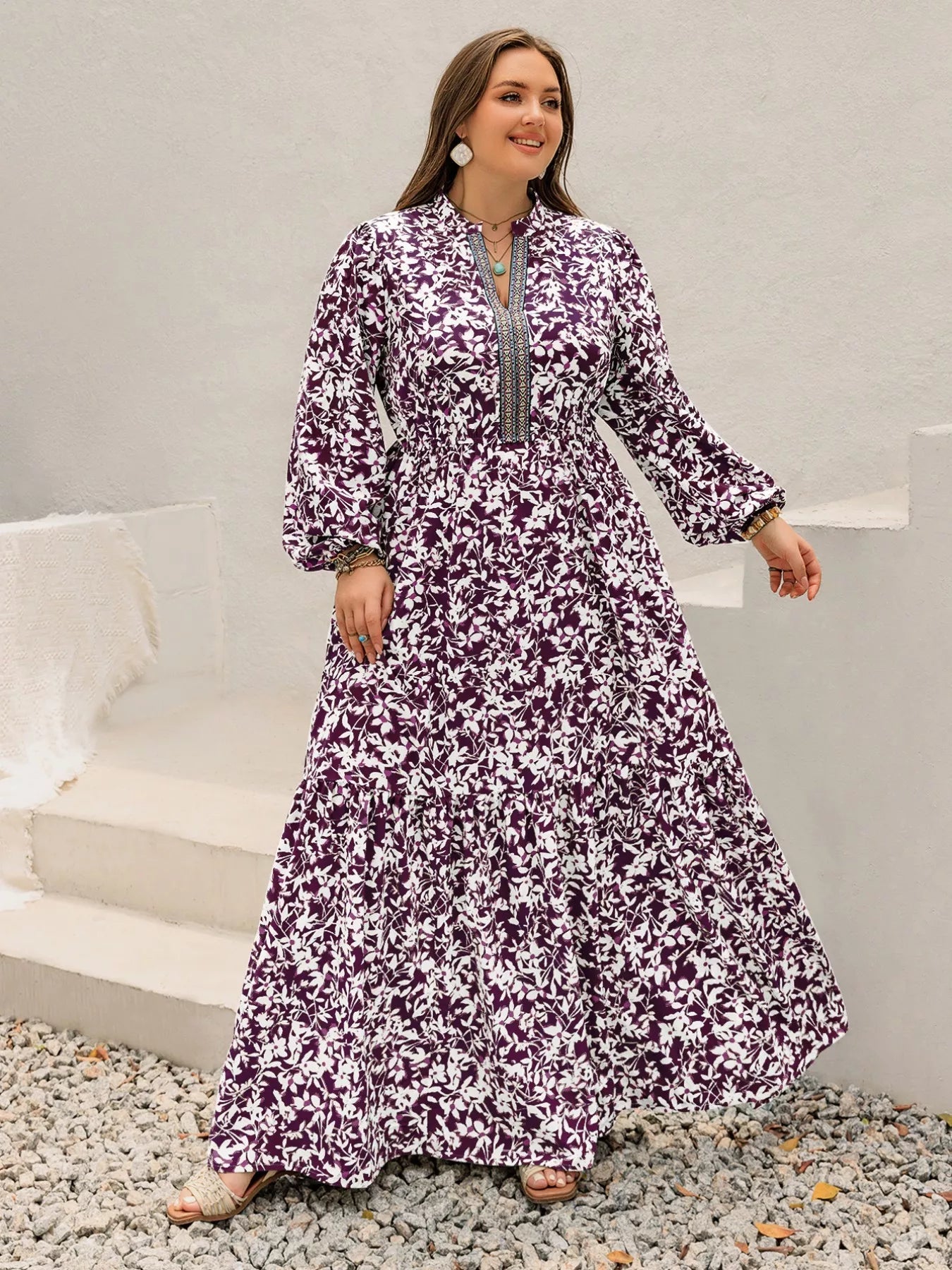 Plus Size Floral Print Maxi Dress with Long Sleeves 