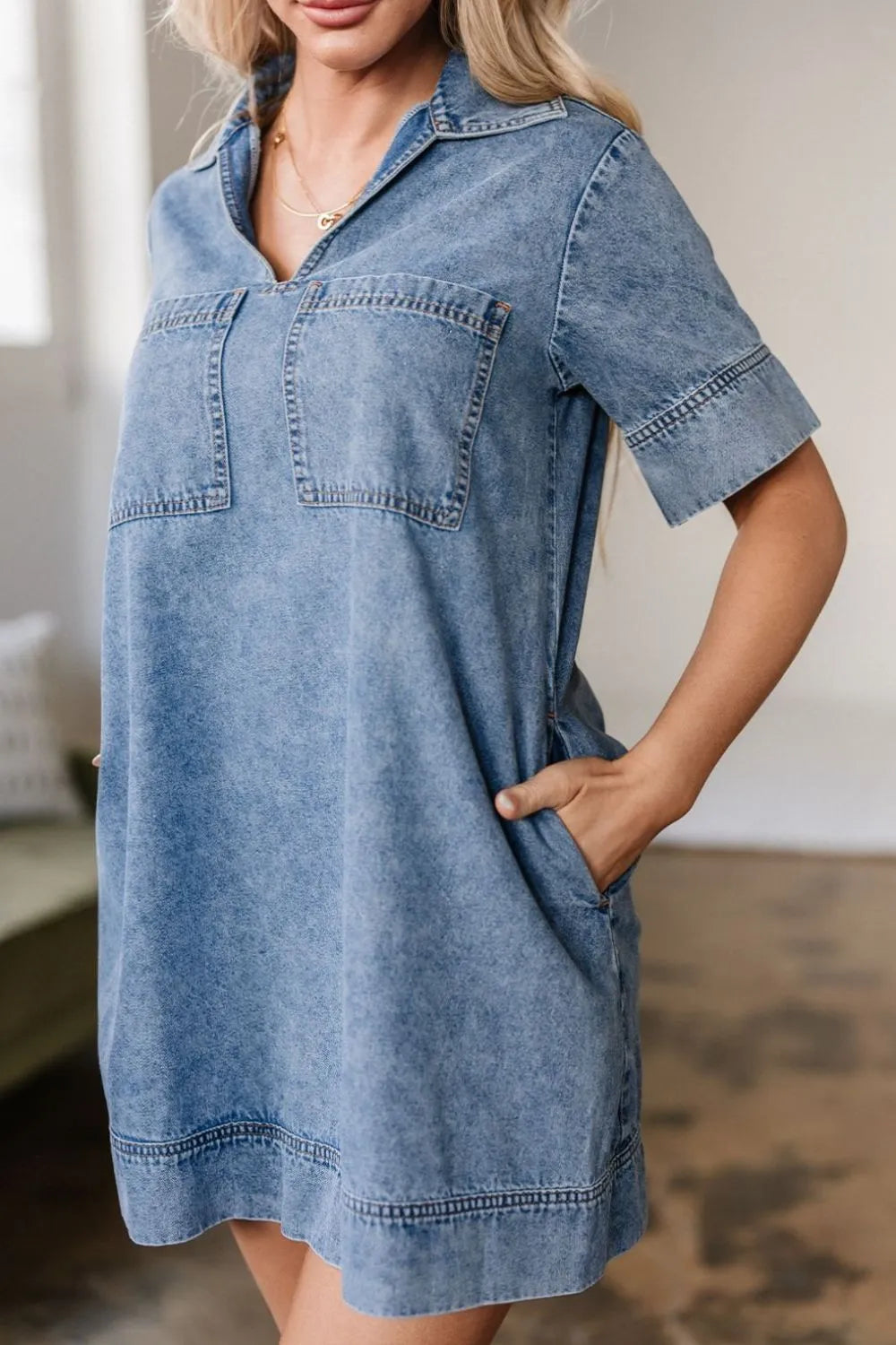 Short Sleeve Collared Patched Pocket Denim Mini Dress 