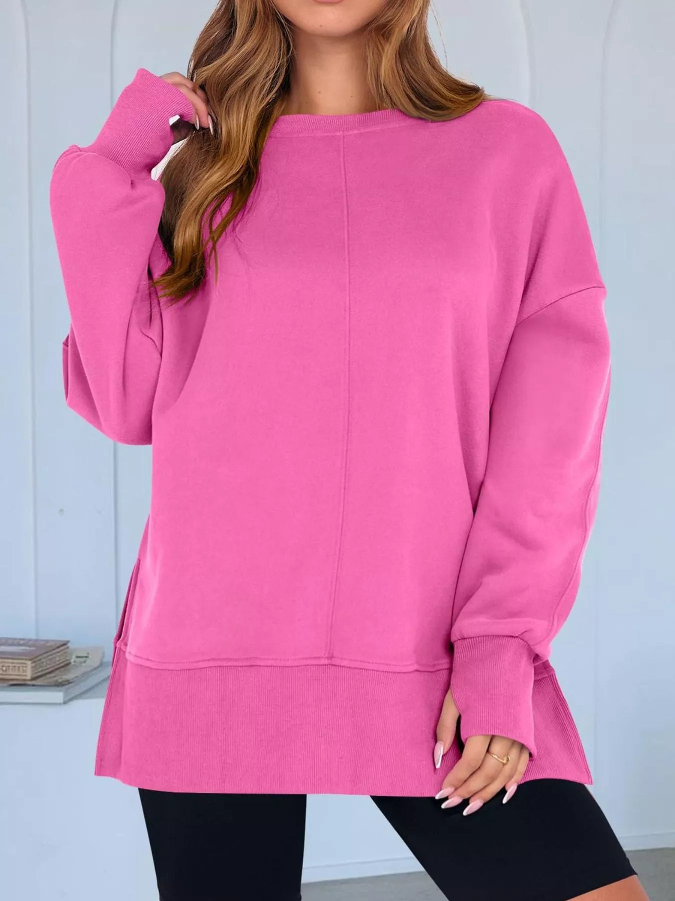 Side Slit Round Neck Long Sleeve Sweatshirt 