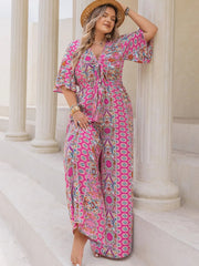 Plus Size Printed Half Sleeve Wide Leg Jumpsuit 