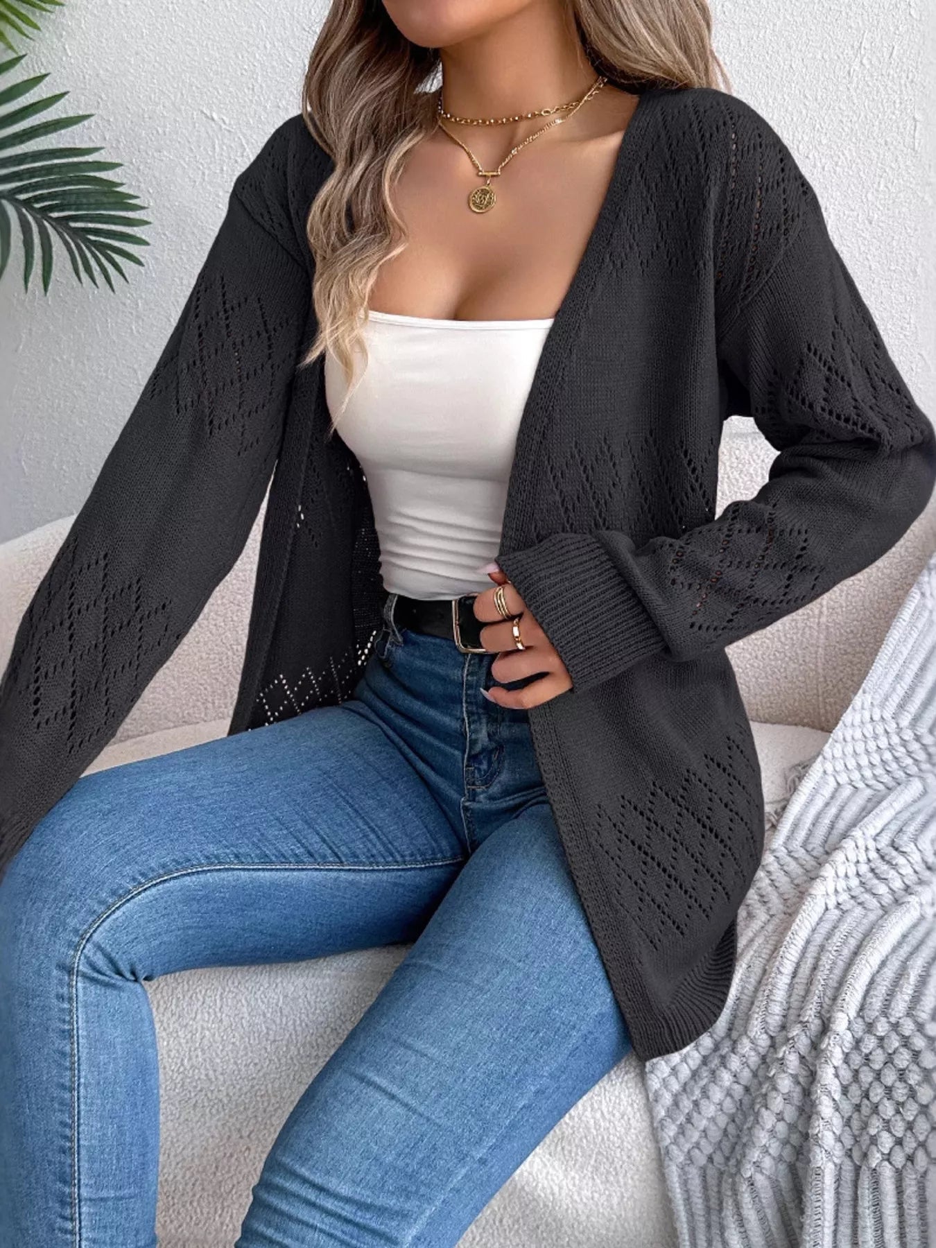 Openwork Open Front Long Sleeve Cardigan 