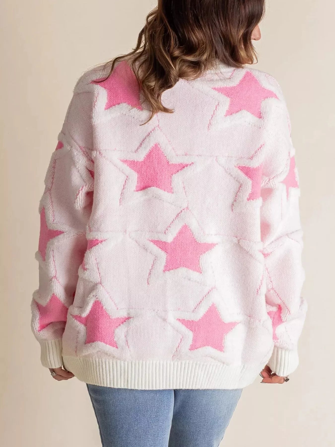 Oversized Star Pattern Ribbed Edge Drop Shoulder Sweater 