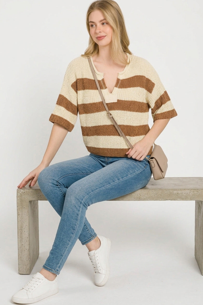 Zenana Split Neck Stripe Sweater 