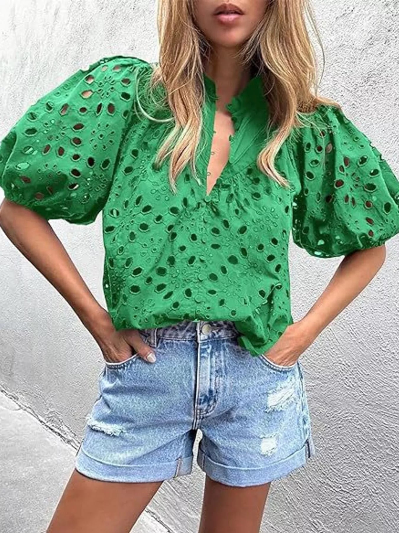 Eyelet Embroidered Puff Sleeve Blouse 