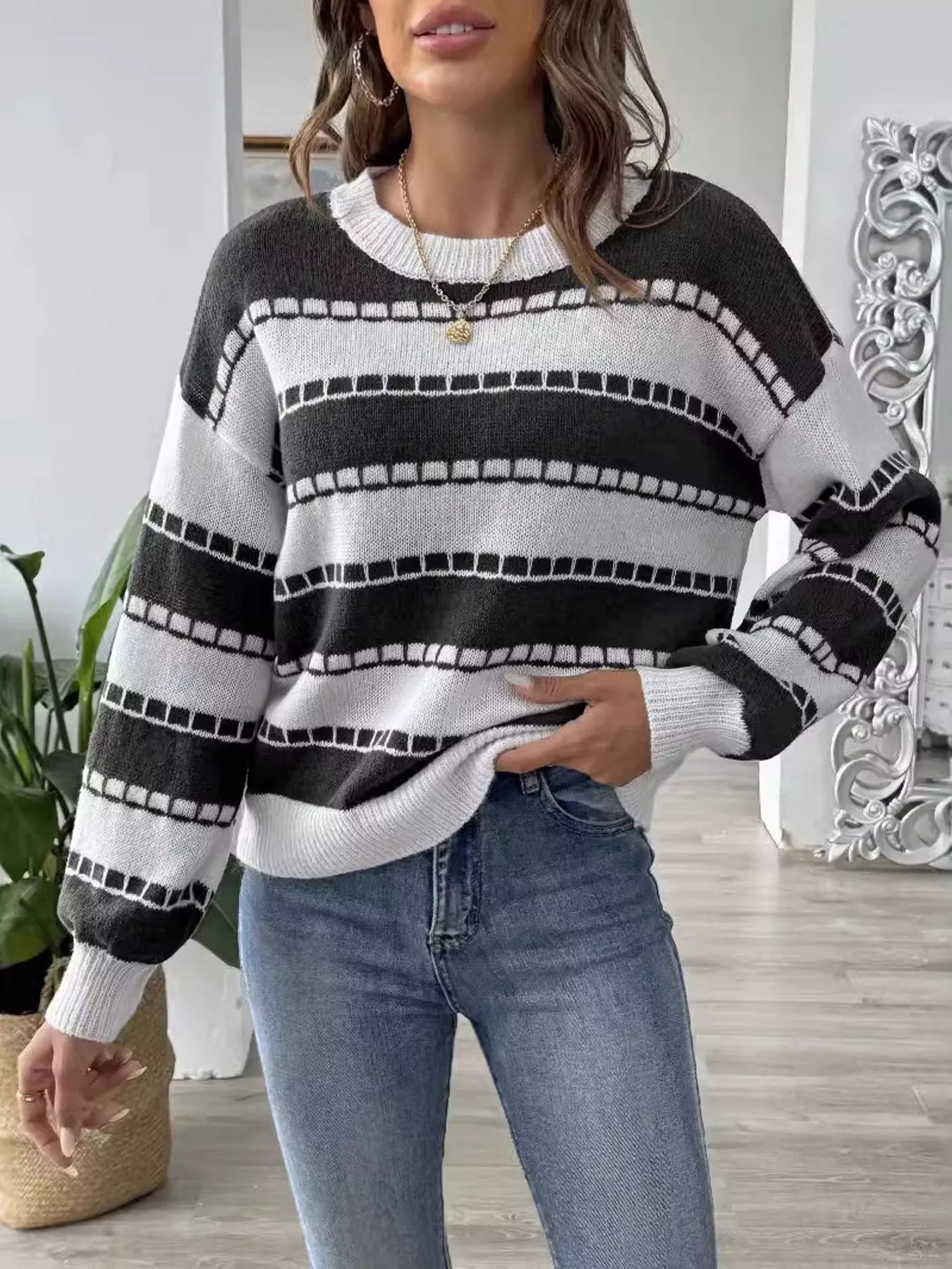 Striped Knit Dropped Shoulder Sweater 