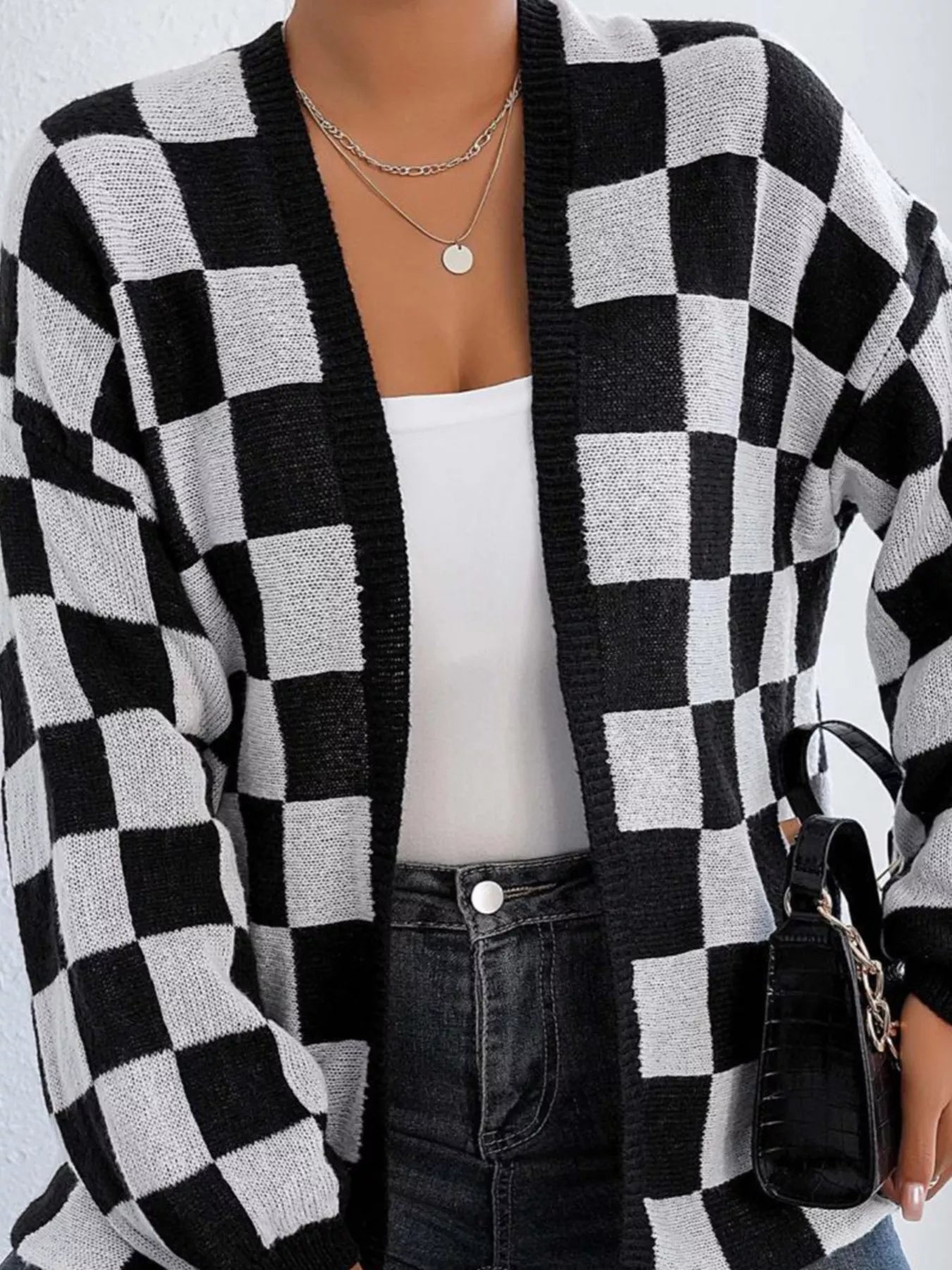 Checkerboard Pattern Open Front Knit Cardigan 