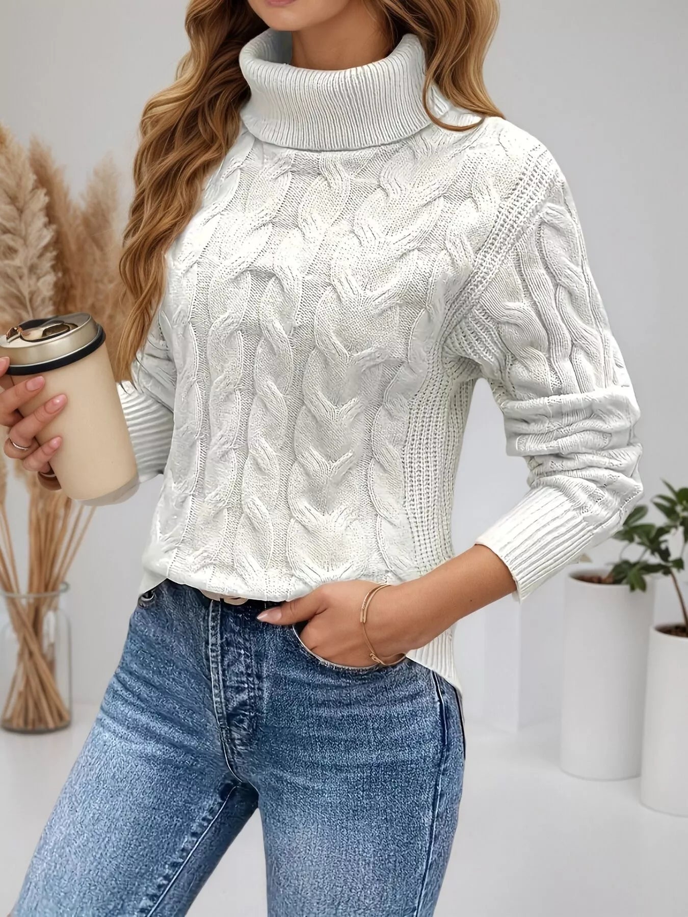 Cable Knit Turtleneck Long Sleeve Sweater 