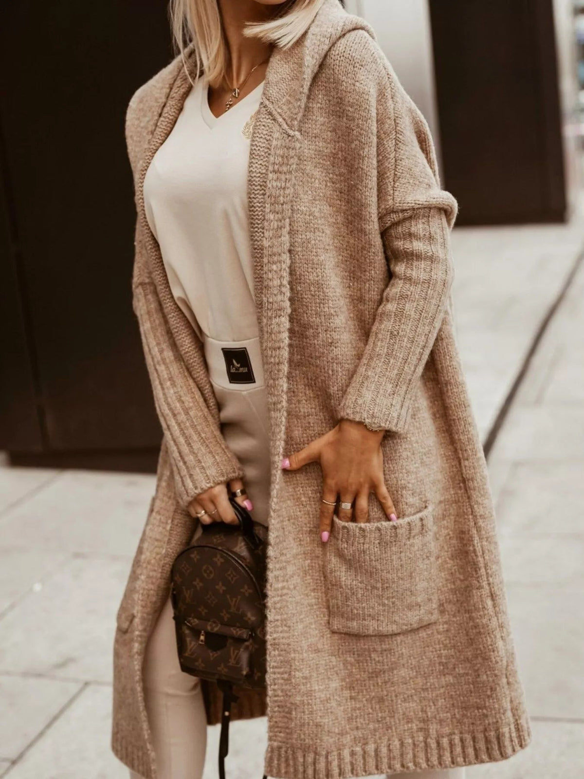 Full Size Hooded Knit Open Front Cardigan Plus Size 