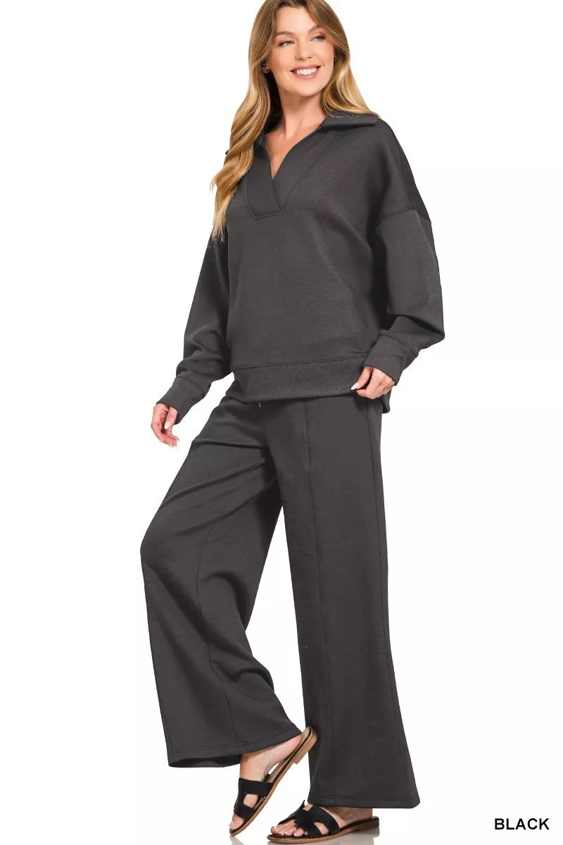 Zenana Scuba Collared Pullover & Center Seam Pants Set 