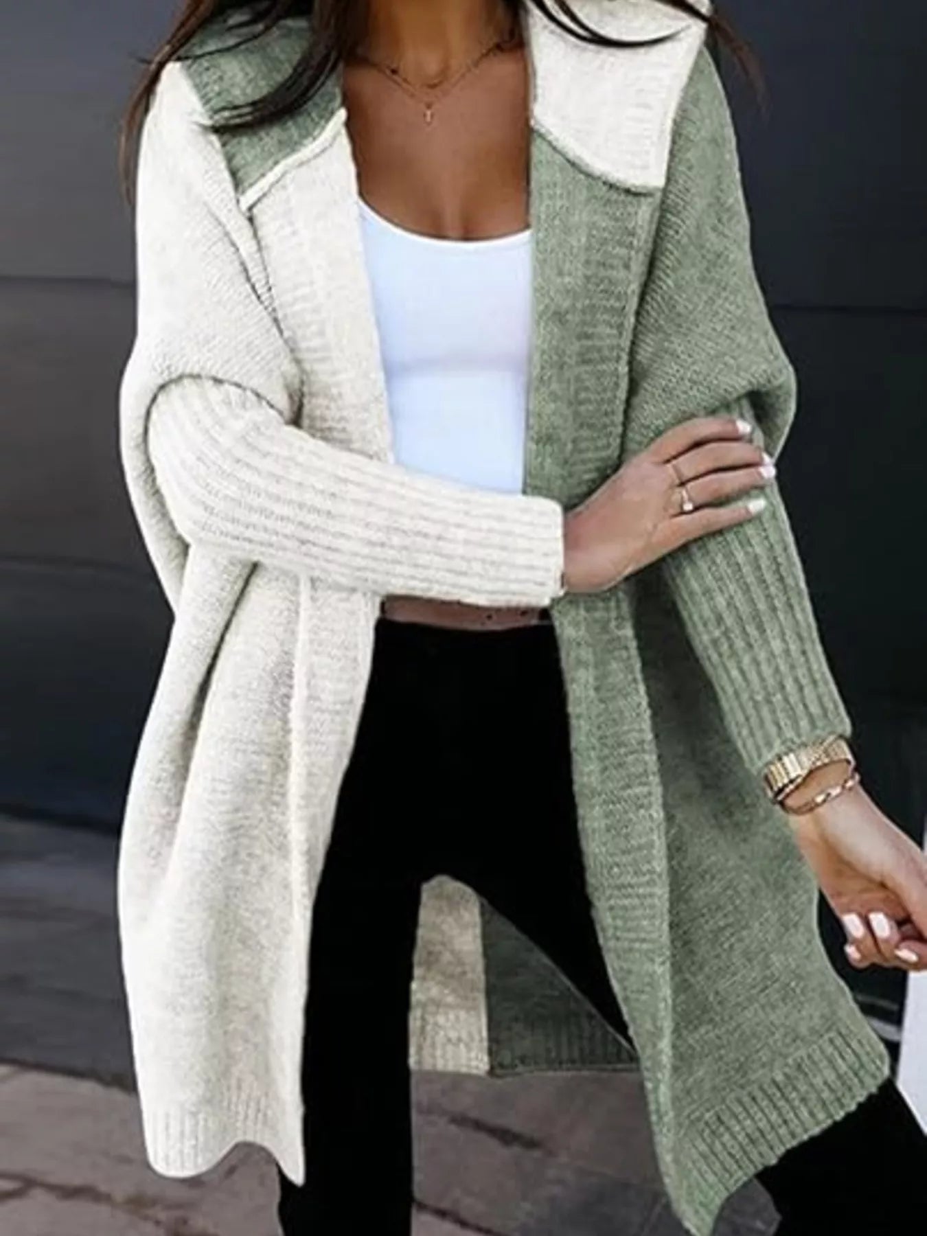 Two-Tone Open Front Knit Hooded Cardigan 