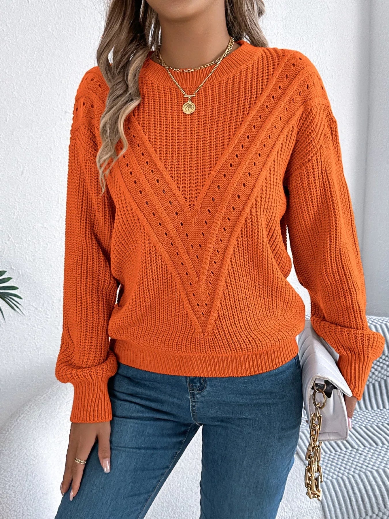 Openwork Round Neck Sweater 