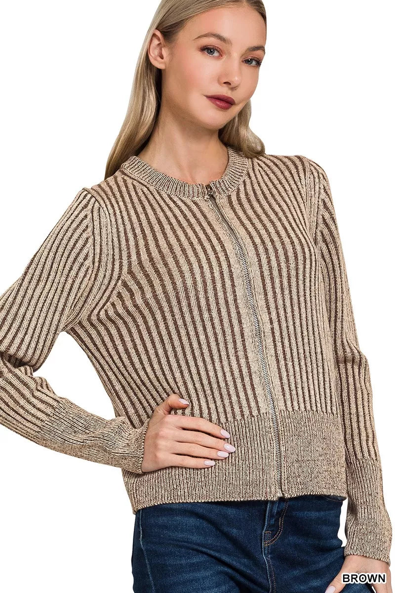 Zenana Ribbed Two Tone Zip Up Sweater Cardigan 