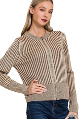 Zenana Ribbed Two Tone Zip Up Sweater Cardigan 