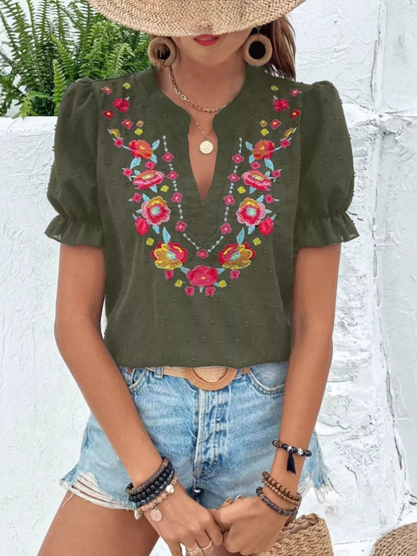 Floral Embroidered Puff Sleeve Blouse 