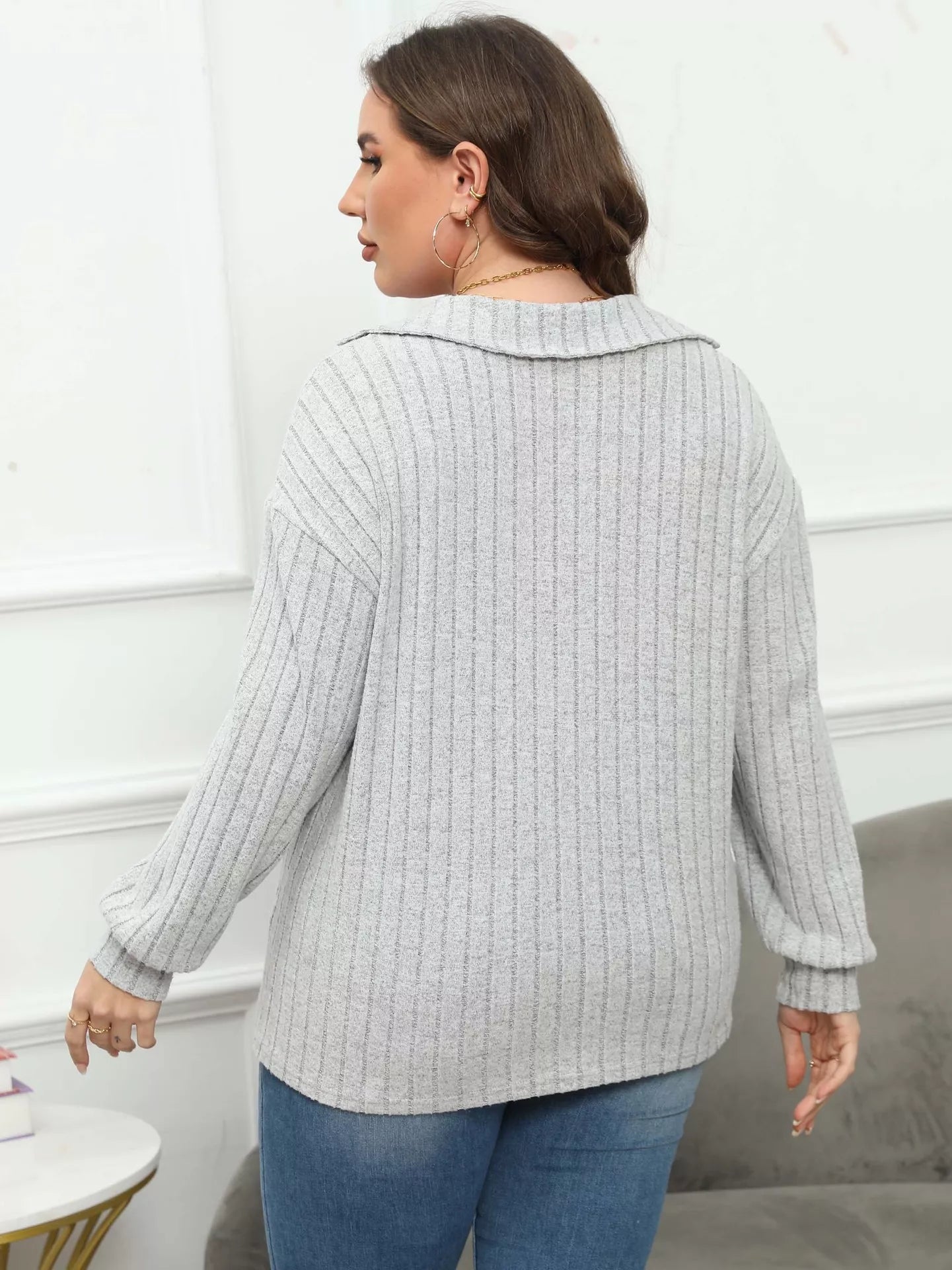 Plus Size Ribbed Knit Polo Collar T-Shirt 