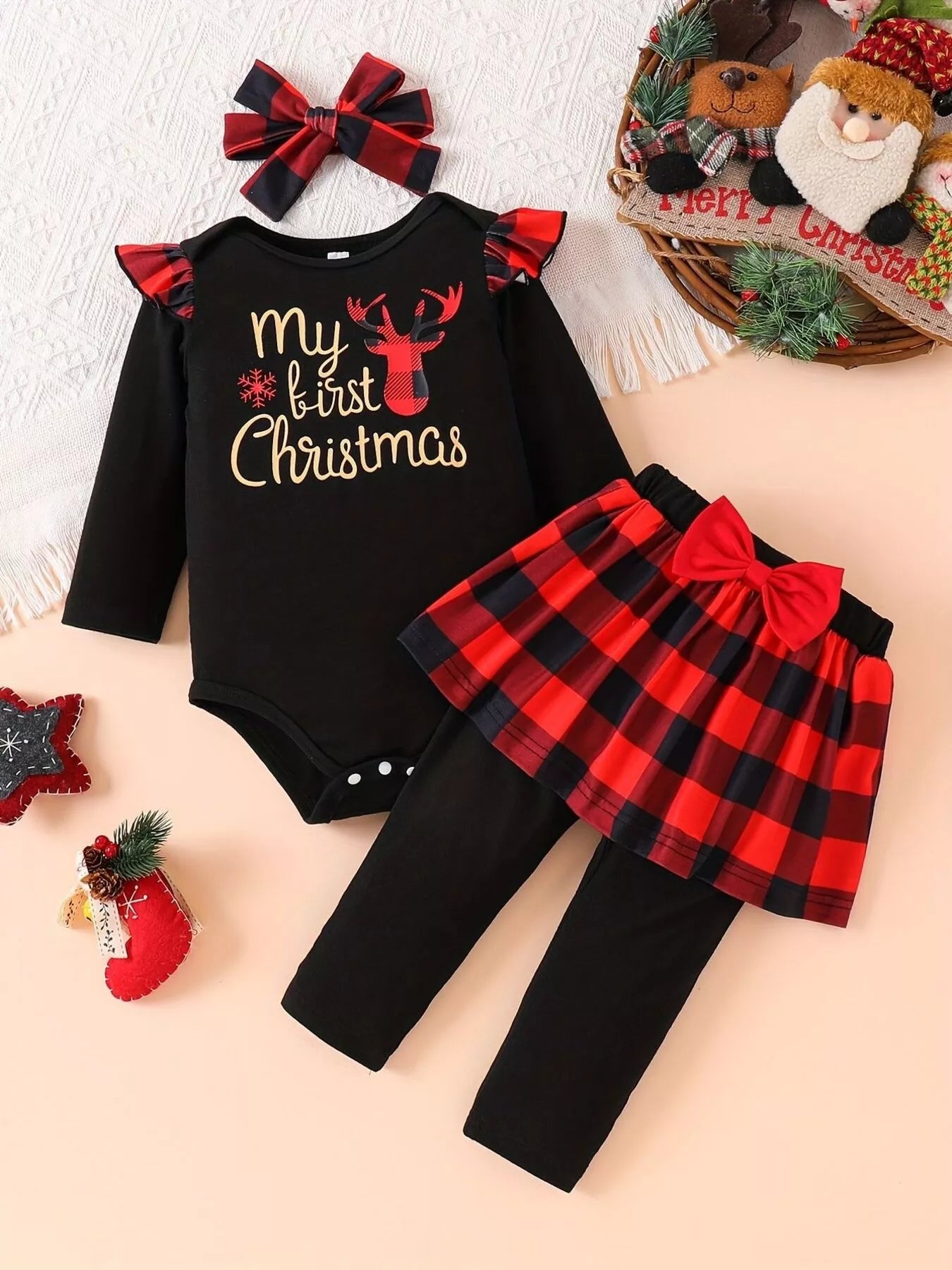 Children's Christmas Bodysuit and Pants Set with Headband 
