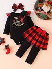 Children's Christmas Bodysuit and Pants Set with Headband 
