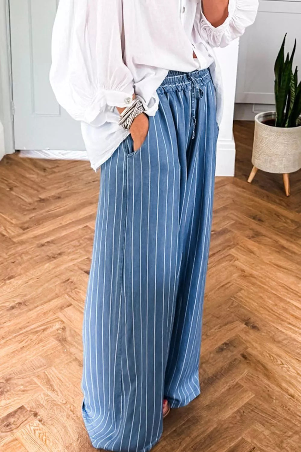 Stripe Chambray Wide Leg Tied Elastic Waist Jeans 