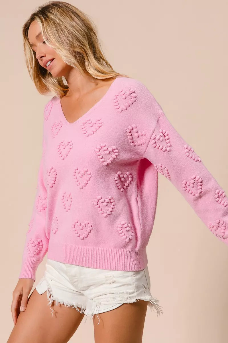 BiBi Valentines Heart Pompom V Neck Knit Top 