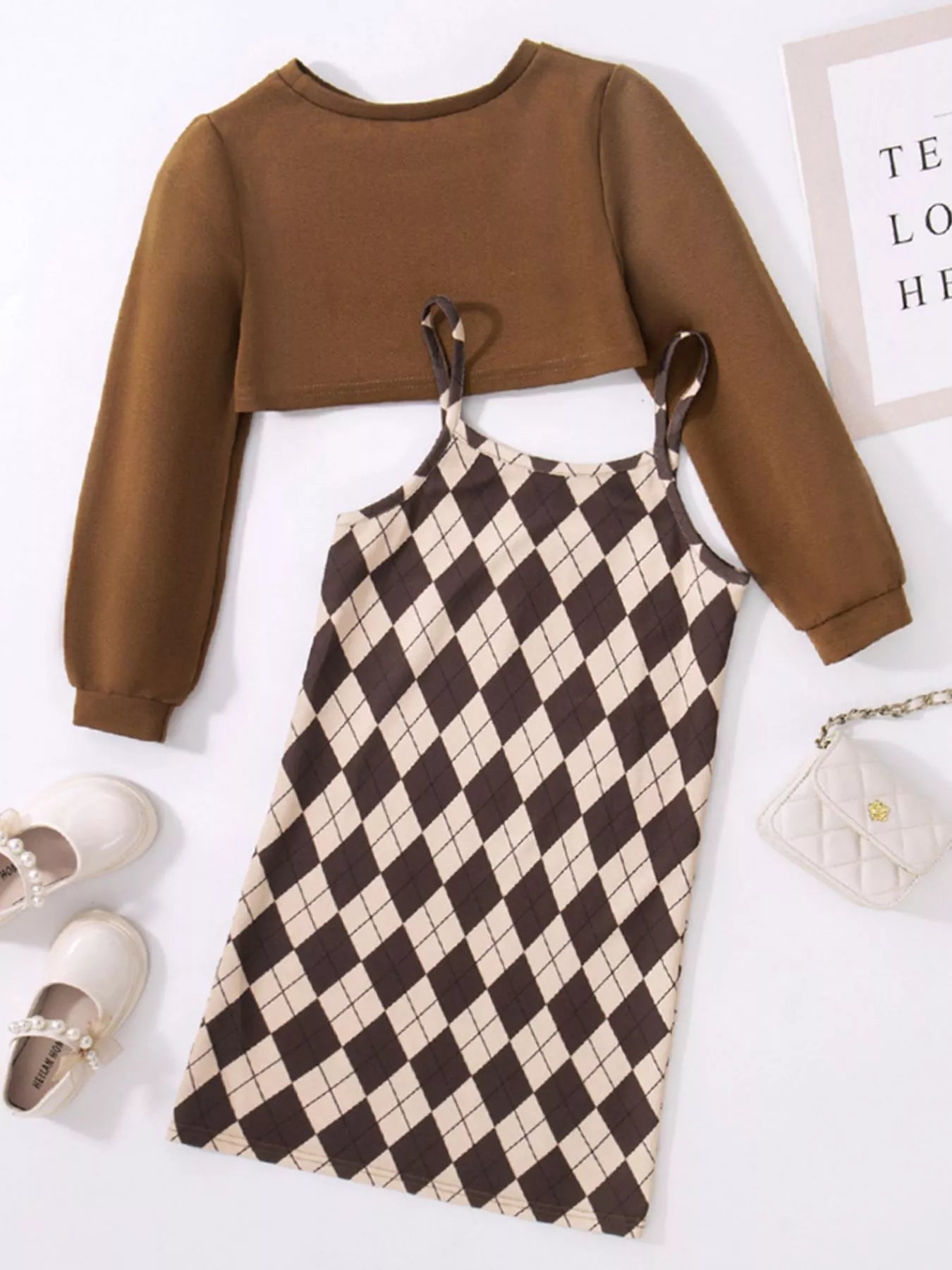 Children's Plaid Print Long Sleeve Dress Set 