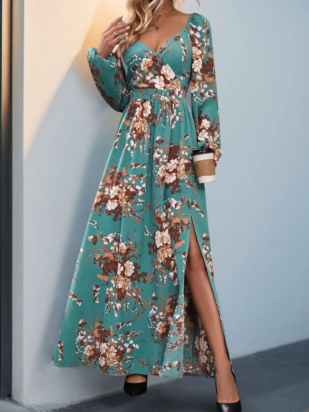 Perfee Slit Printed Surplice Long Sleeve Maxi Dress 