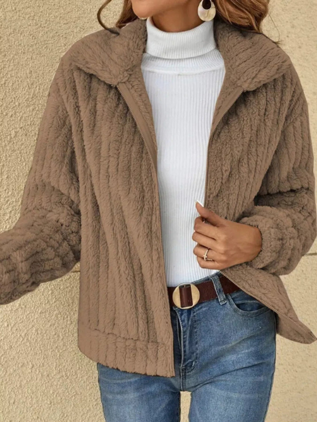 Full Size Zip-Up Long Sleeve Texture Jacket Plus Size 