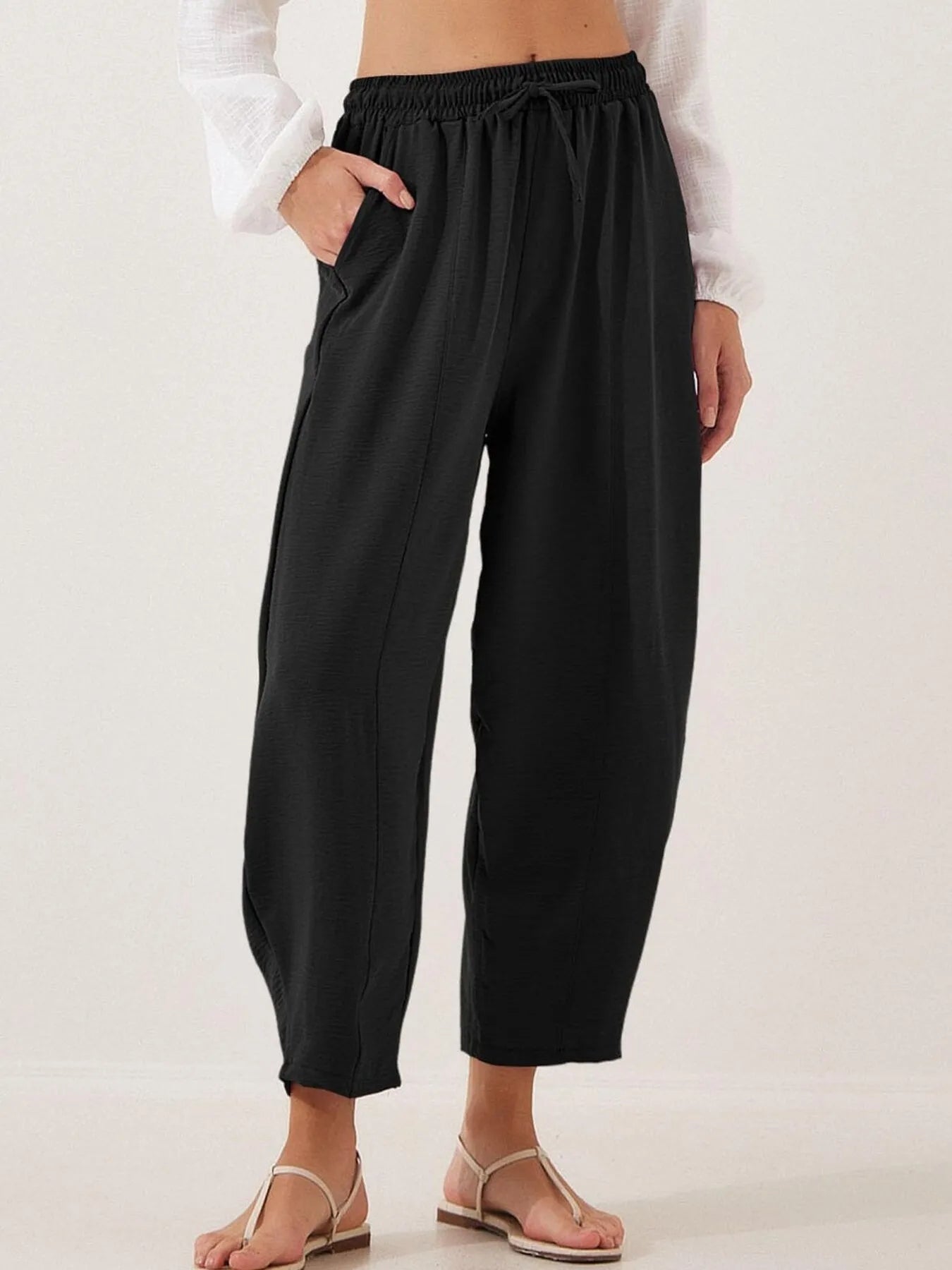 Full Size Drawstring Wide Leg Cropped Pants Plus Size 