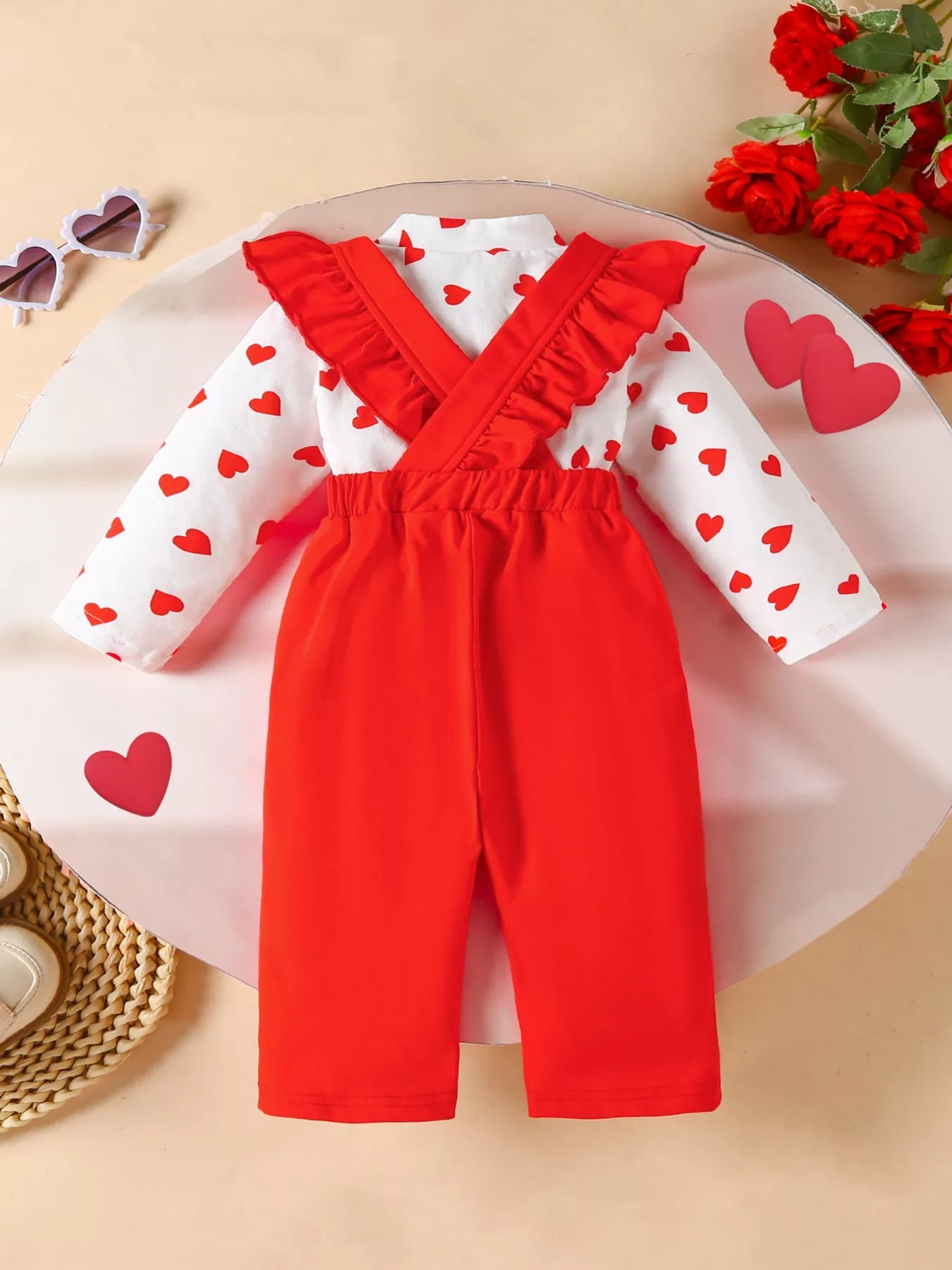Children's Heart Print Top and Suspender Pants Set 