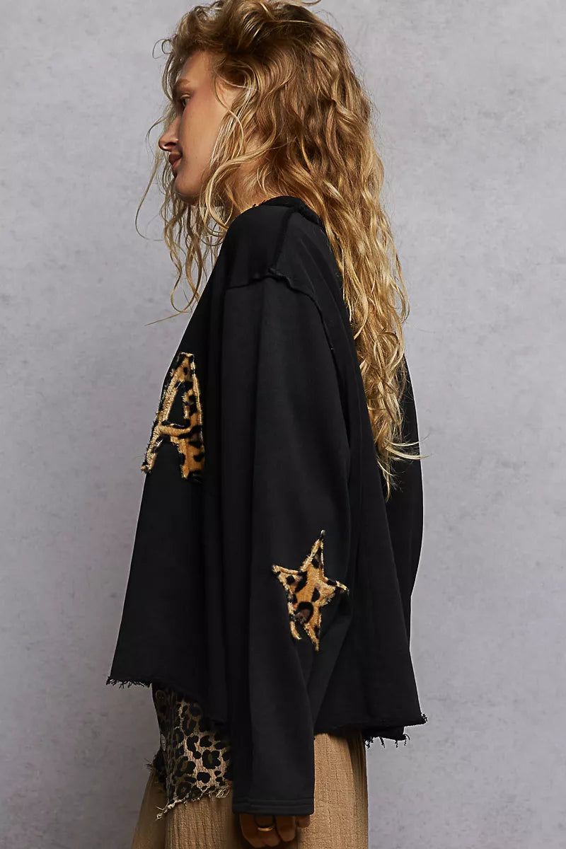 POL Round Neck Long Sleeve French Terry Sweatshirt with USA Letter Animal Patch 