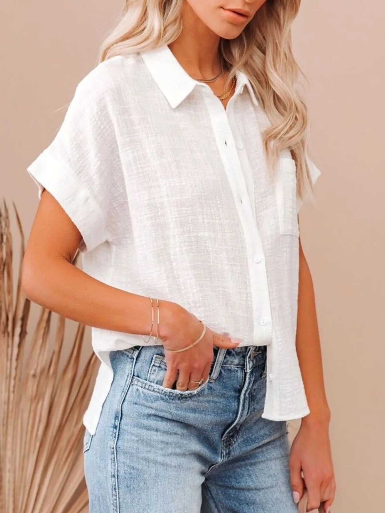 Full Size Button Up Short Sleeve Shirt Plus Size 