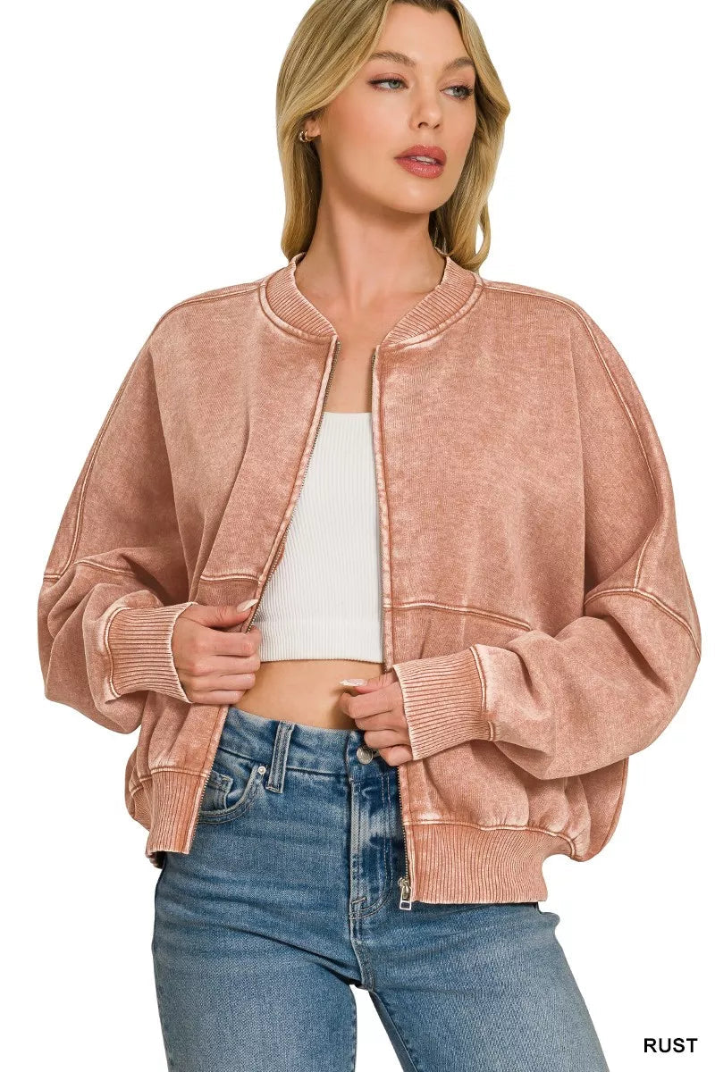 Zenana Acid Washed Fleece Jacket 