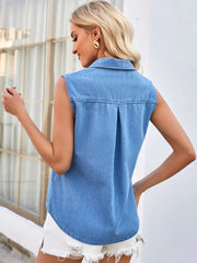 Pocketed Button Up Sleeveless Denim Top 