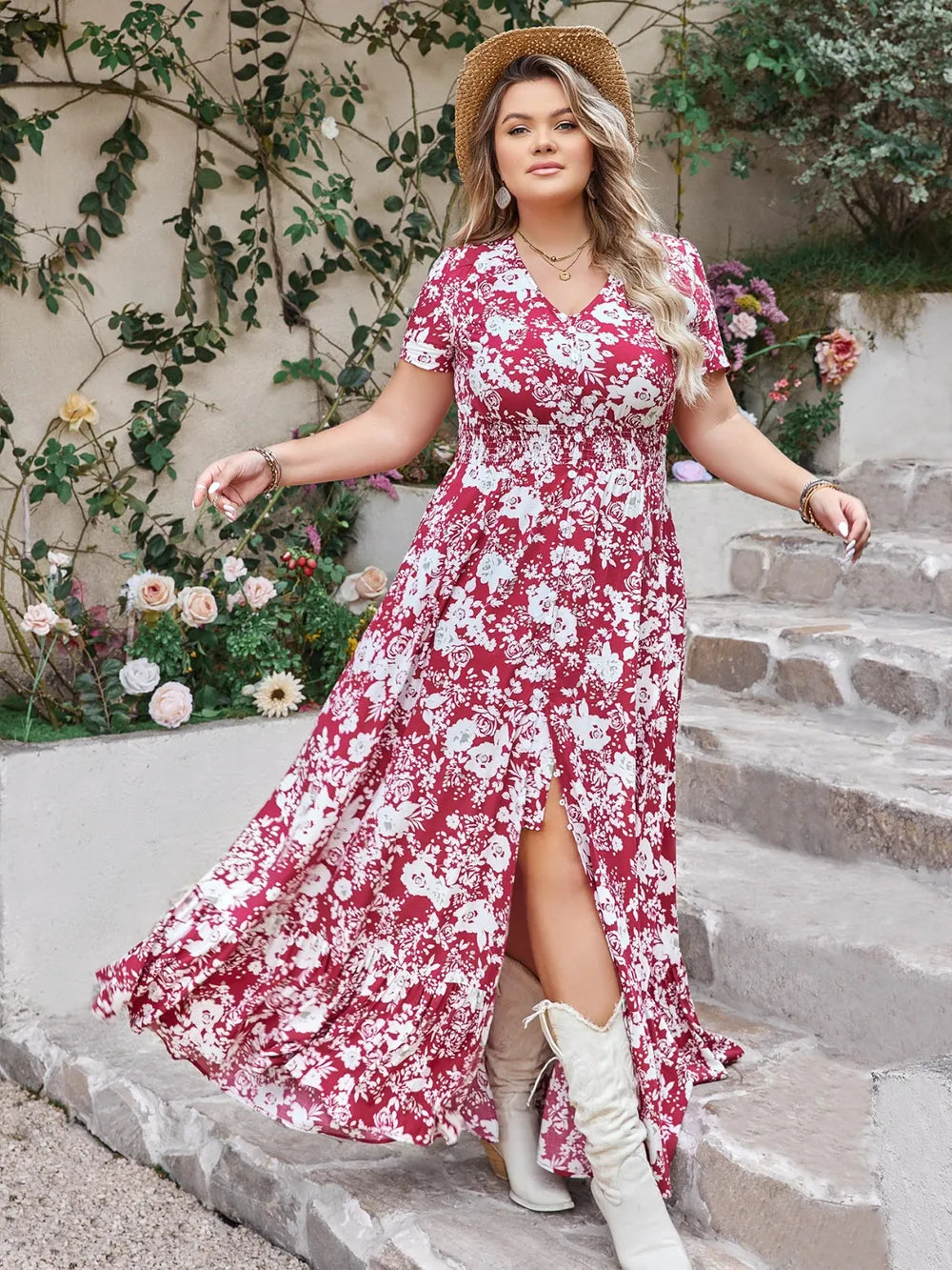Plus Size Slit Printed V-Neck Maxi Dress 