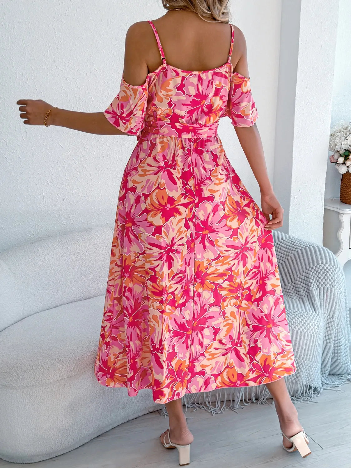 Printed Cold Shoulder Midi Cami Dress 