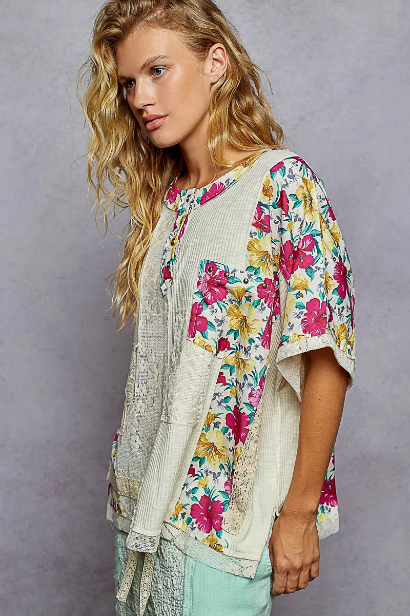 POL Lace Round Neck Short Sleeve Floral Pattern Top with Patch Detail 