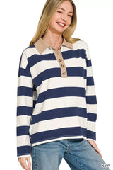 Zenana Striped Contrast Collar Polo Tee 