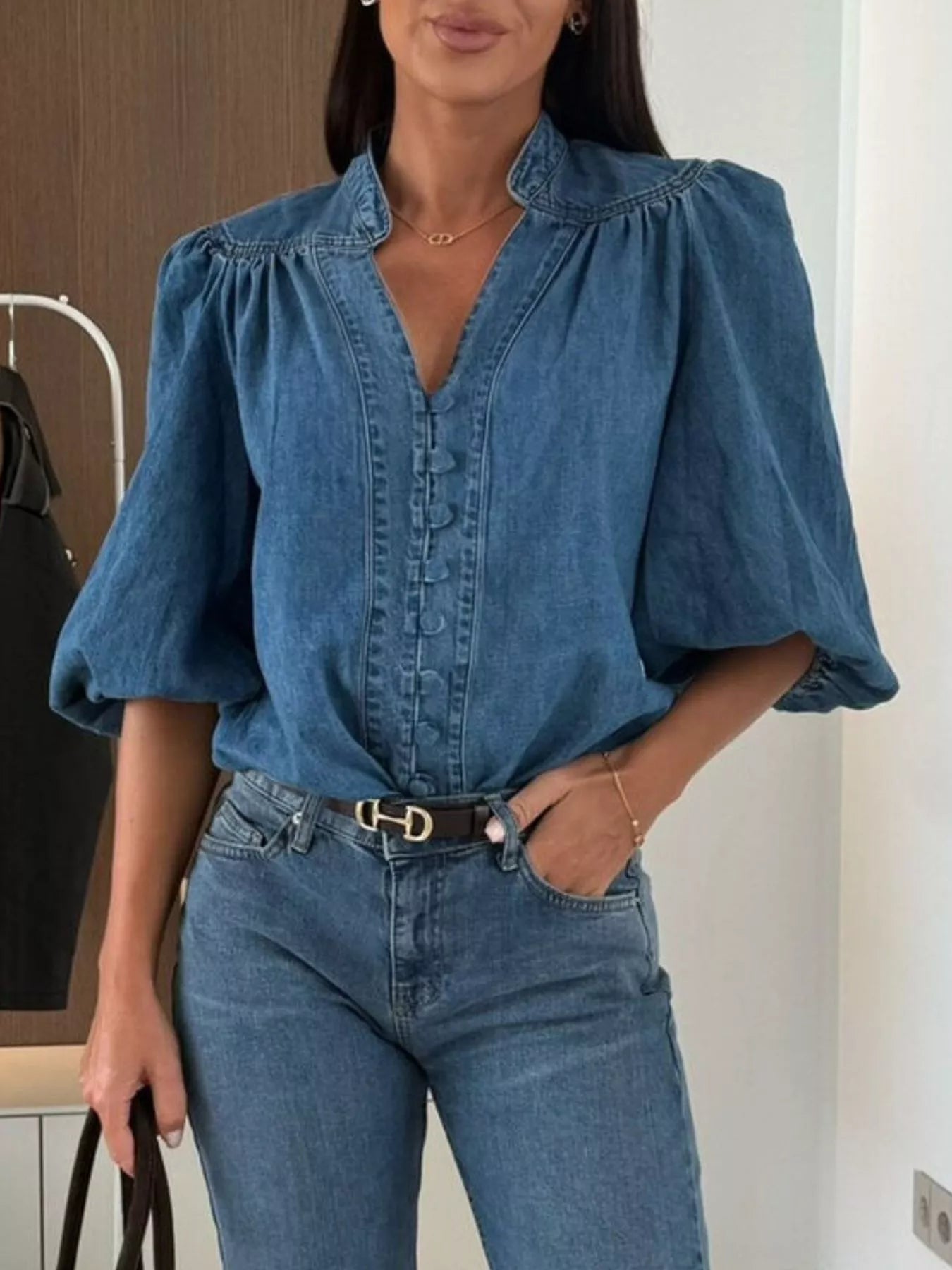 Button-Down Puff Sleeve Denim Top 