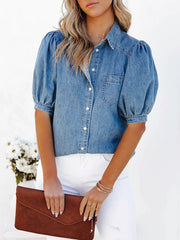 Puff Sleeve Button-Down Denim Top 