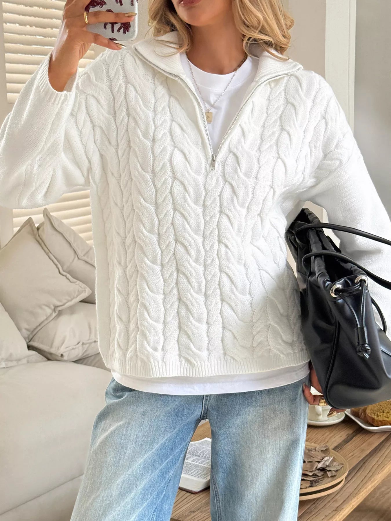 Zip Collar Cable-Knit Sweater 