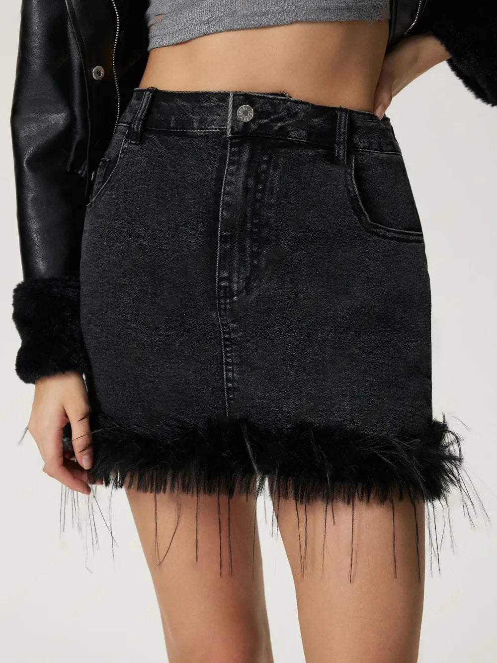 Plush Hem Mini Denim Skirt 