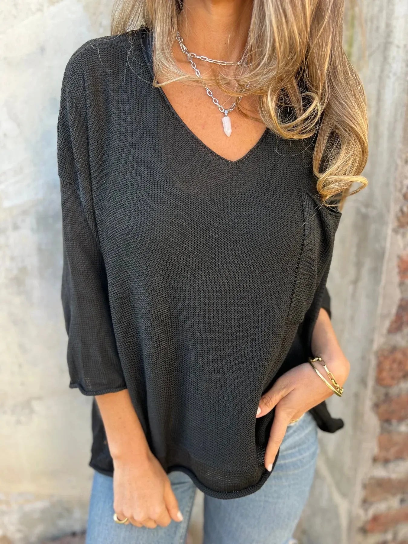 Full Size Casual V-Neck Knit Sweater Plus Size 