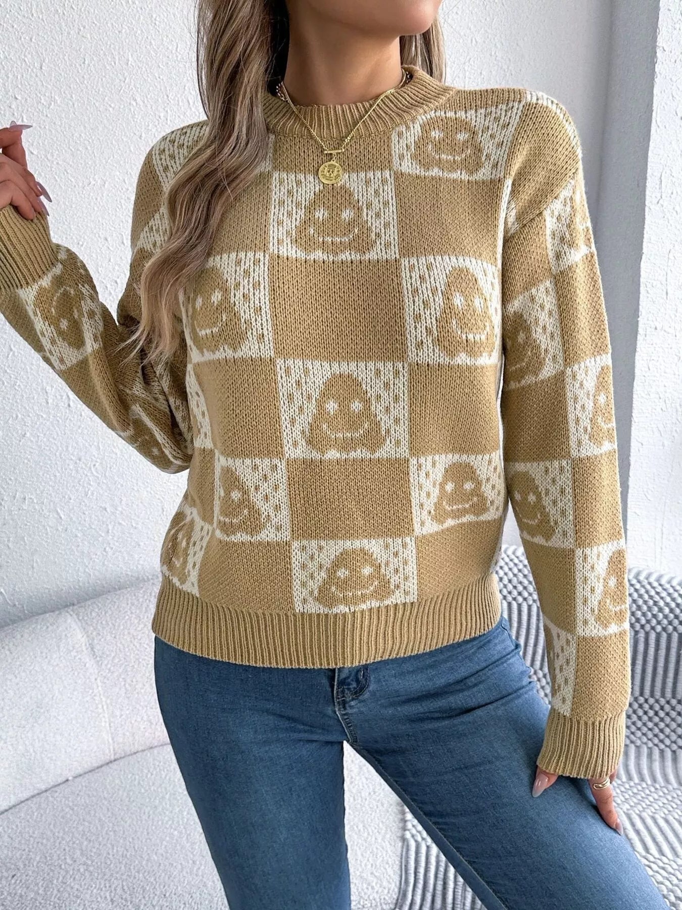 Halloween Ghost Pattern Checkered Round Neck Sweater 
